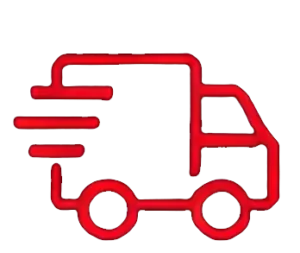 Red delivery truck icon with motion lines indicating fast shipping