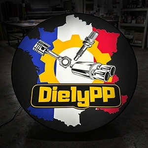 Circular logo on a black background featuring blue, white, yellow, and red map shapes, three automotive pistons/cam gear, and the word DielyPP.