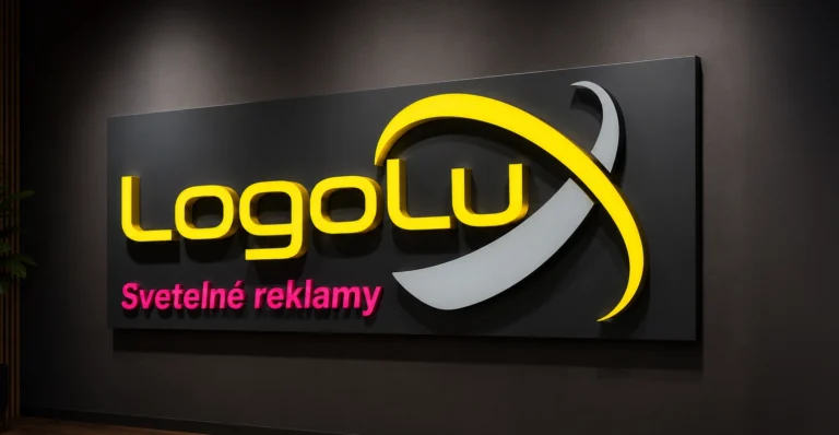 3D illuminated sign on a dark wall showing yellow text 'Logolu' with pink subtitle 'Svetelné reklamy' and a yellow arc graphic.