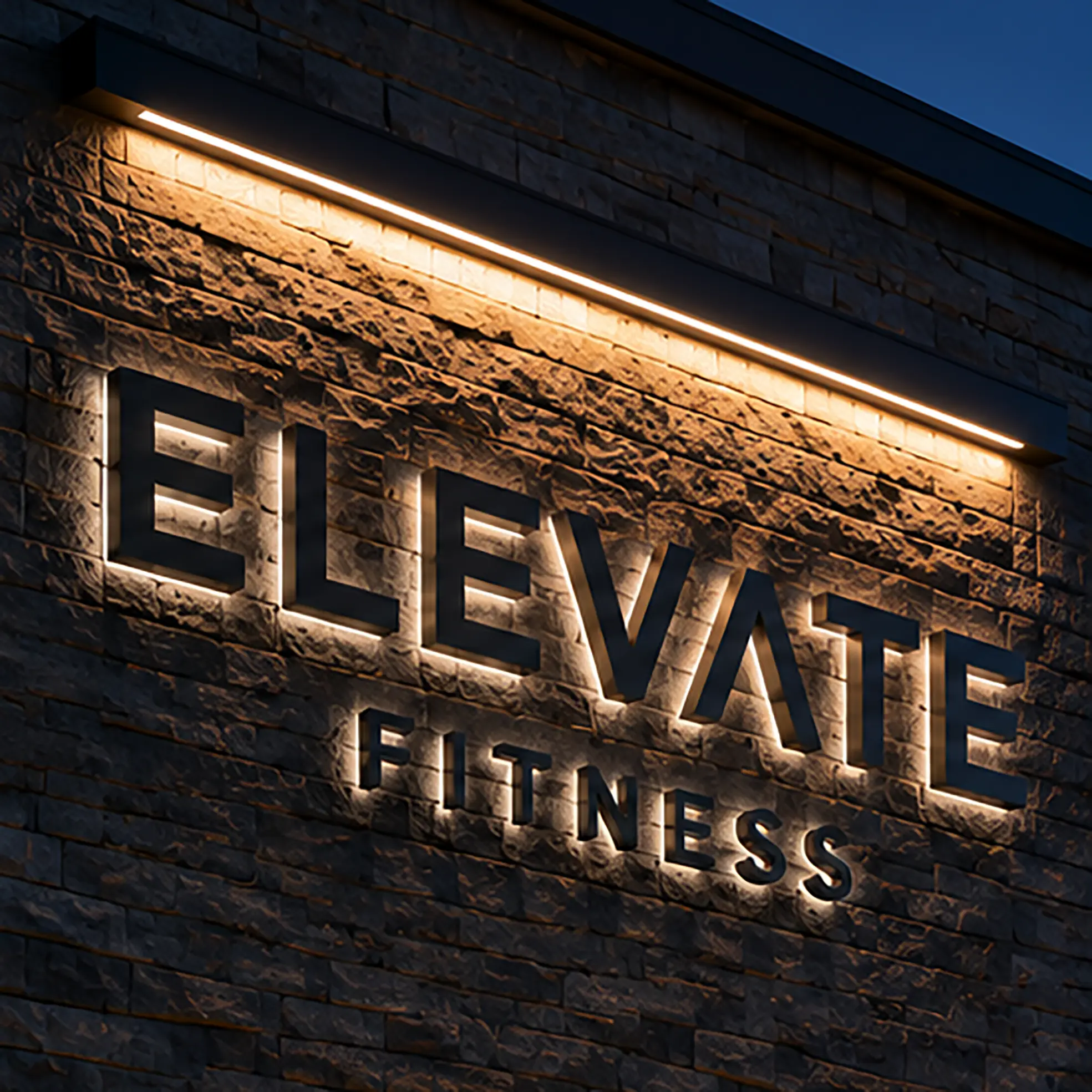 Close-up of an illuminated outdoor sign on a textured stone wall at dusk.