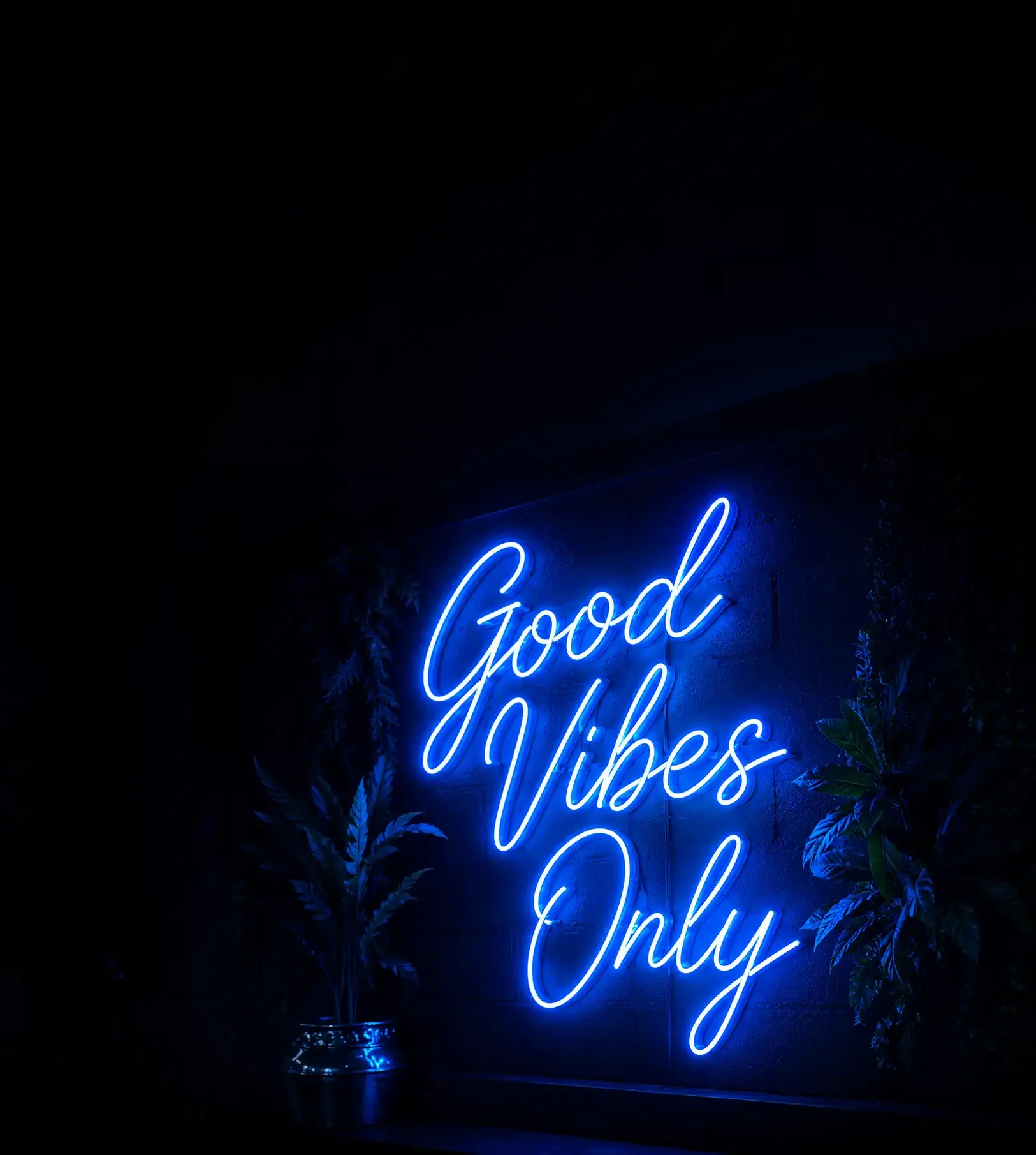 Blue neon sign reading 'Good Vibes Only' on a dark wall, with plants around the edges.