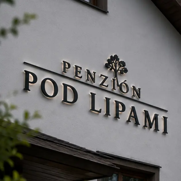Exterior wall sign reading 'Penzión Pod Lipami' with a small tree emblem above the text on a white wall.
