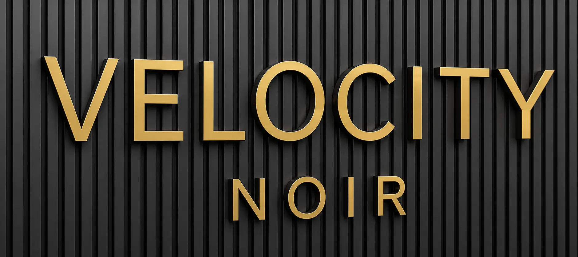 Gold letters spell 'VELOCITY' with 'NOIR' beneath on a dark ribbed backdrop.